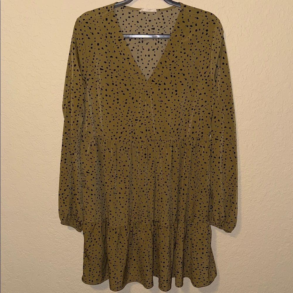 Easel Olive Long Sleeve Dress with Black Dots size large - Thumbnail 5