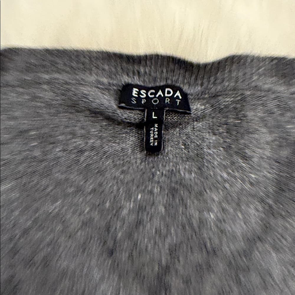 Escada Gray V-Neck Sweater with Tan Elbow Patches size large - Thumbnail 2