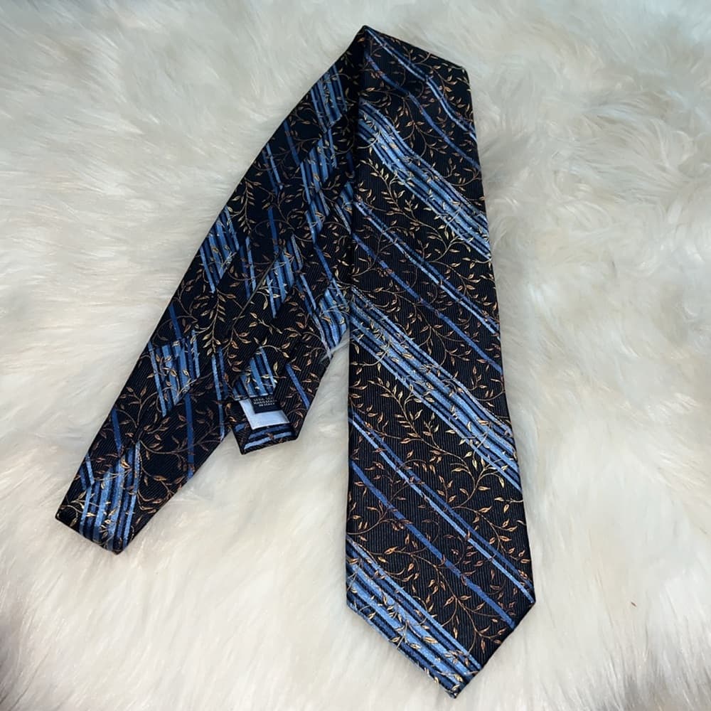Altea Black and Blue Tie with Gold Leaf Design - Thumbnail 4