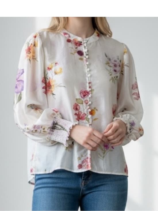 Bailey 44 Cream Floral Button-Front Blouse - Thumbnail 5