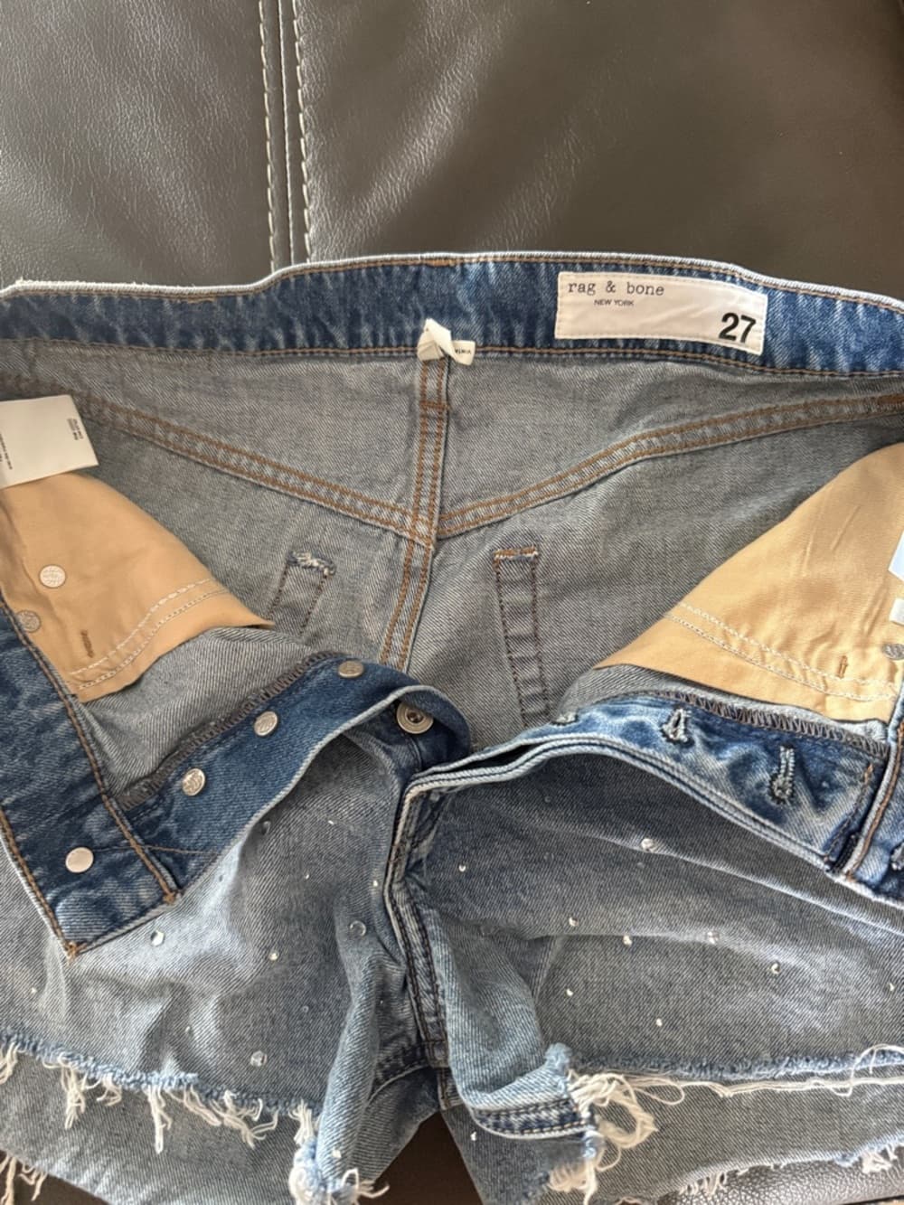 Rag & Bone High-Rise Embellished Denim Shorts - Light Blue 27 - Thumbnail 3