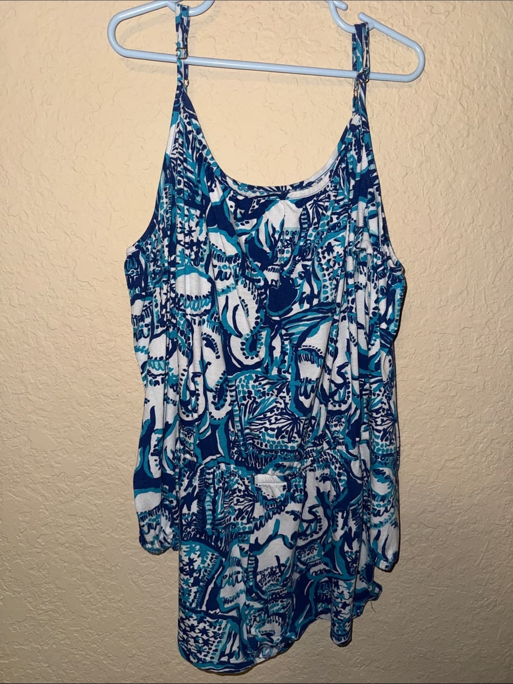 Lilly Pulitzer Navy, Teal & White Printed Off-Shoulder romper xl 12-14 girls - Thumbnail 2