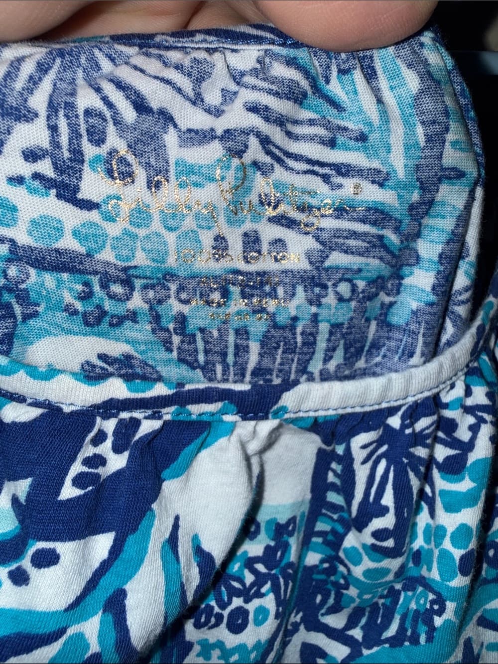 Lilly Pulitzer Navy, Teal & White Printed Off-Shoulder romper xl 12-14 girls - Thumbnail 3