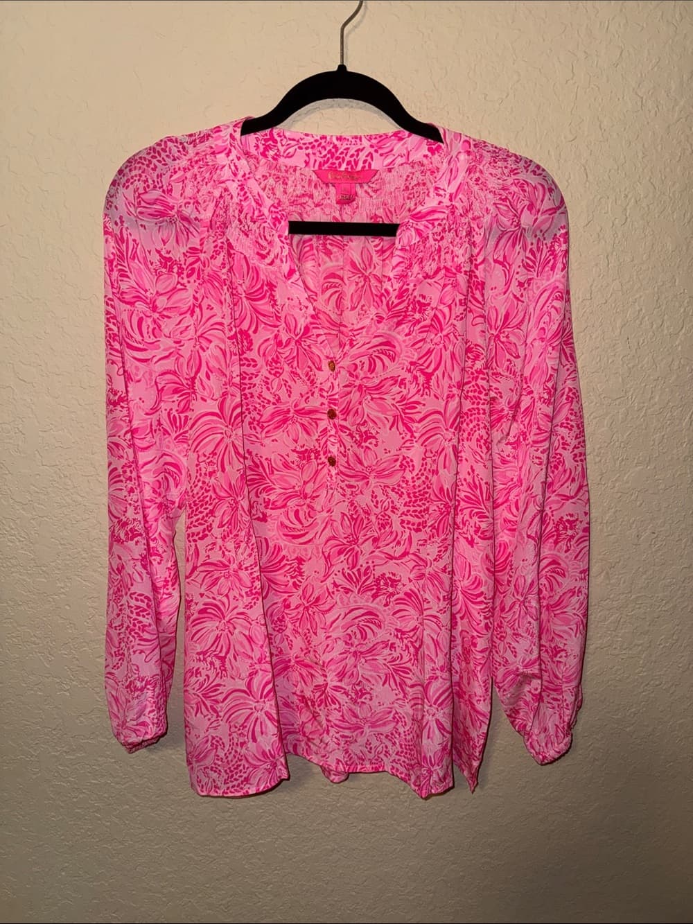 Lilly Pulitzer Elsa Silk Pink Floral Long-Sleeve Tunic Large - Thumbnail 3