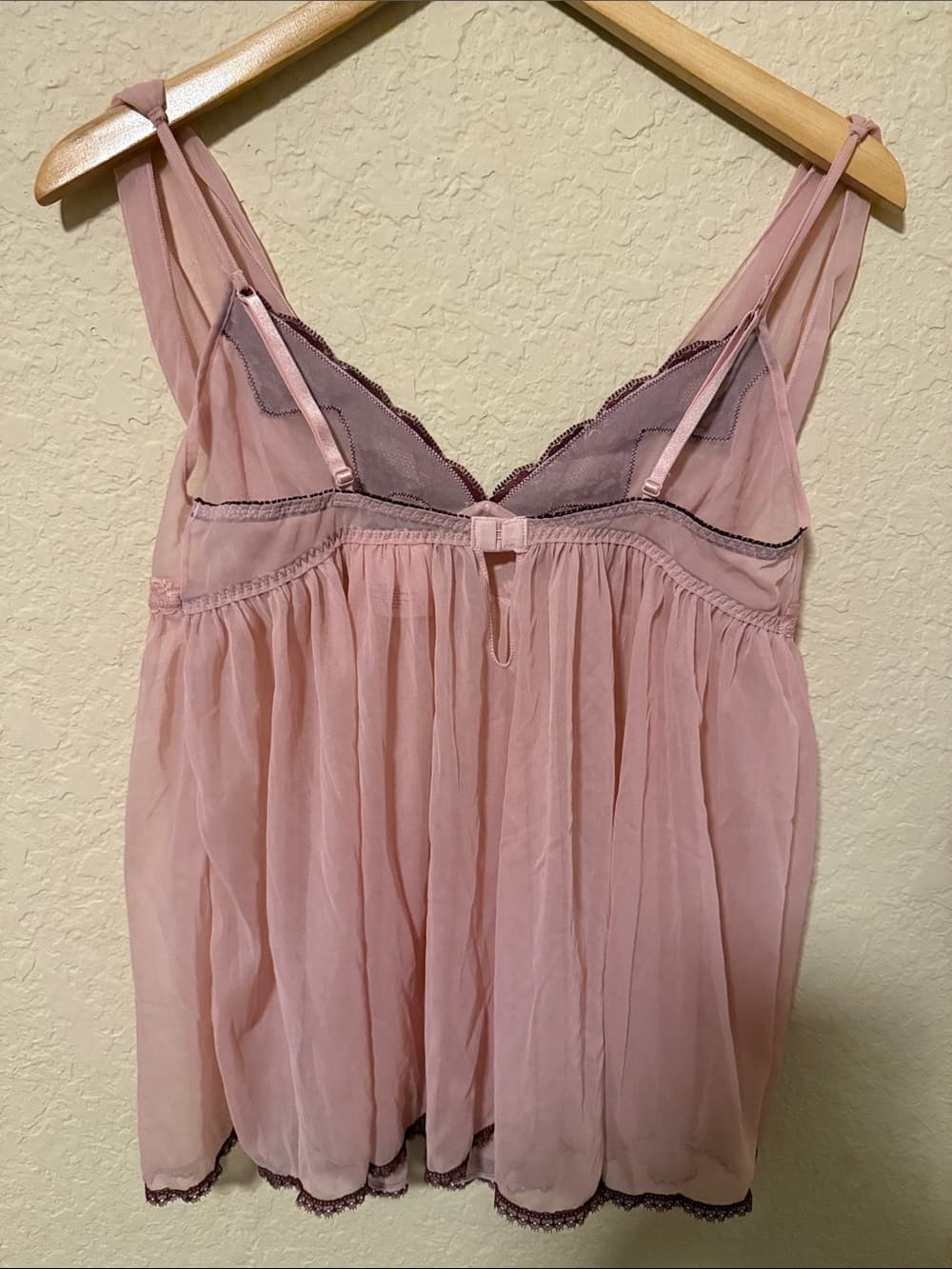 Victoria's Secret Pink Sheer Babydoll Chemise with Burgundy Trim Y2K - Thumbnail 2