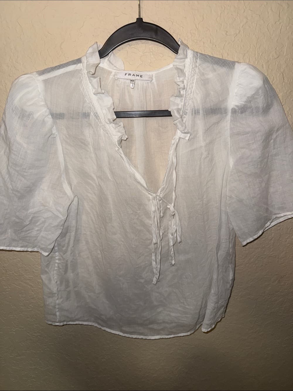 Frame Denim Sheer Ruffle Tie-Front Blouse in White - Thumbnail 3