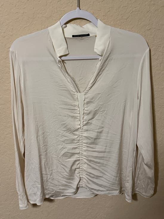 Elie Tahari Ivory Ruched V-Neck Long Sleeve Blouse large - Thumbnail 5