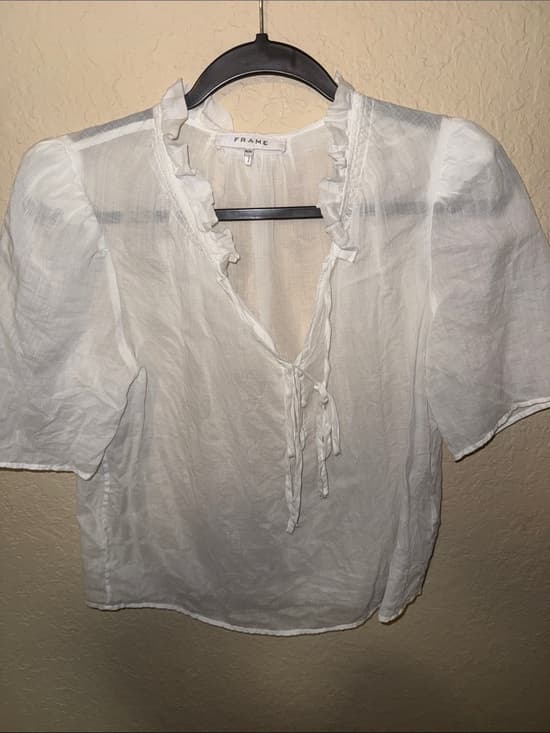Frame Denim Sheer Ruffle Tie-Front Blouse in White - Thumbnail 4