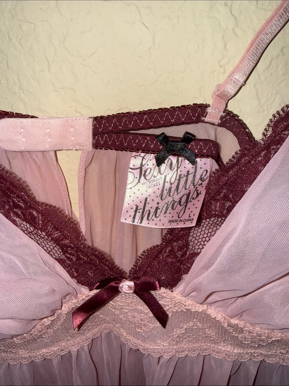 Victoria's Secret Pink Sheer Babydoll Chemise with Burgundy Trim Y2K