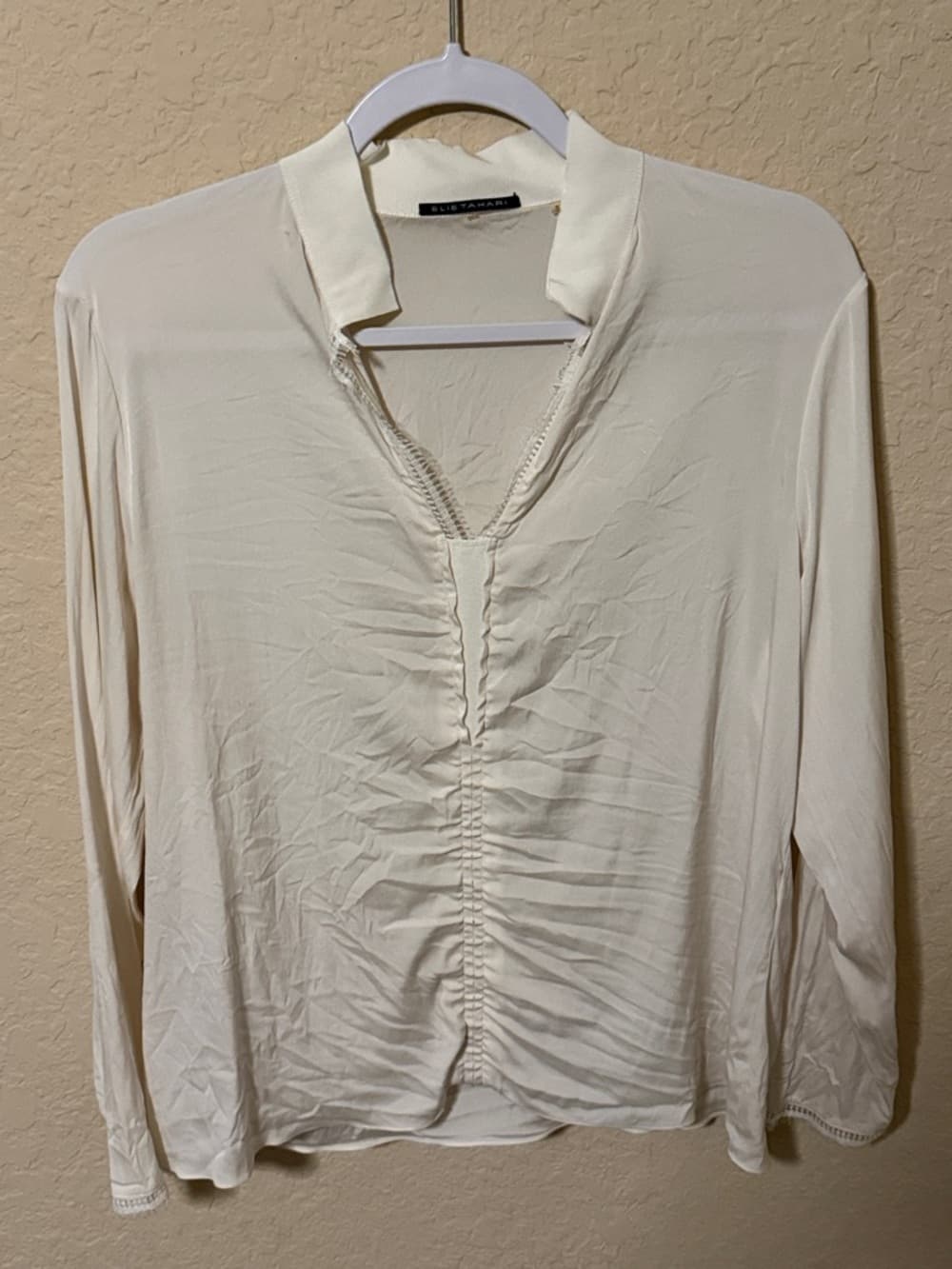 Elie Tahari Ivory Ruched V-Neck Long Sleeve Blouse large - Thumbnail 4