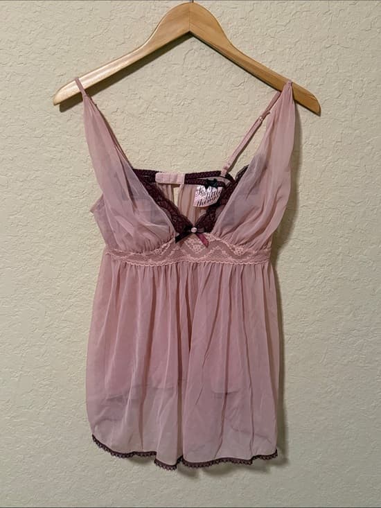 Victoria's Secret Pink Sheer Babydoll Chemise with Burgundy Trim Y2K - Thumbnail 4