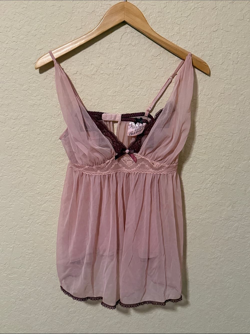 Victoria's Secret Pink Sheer Babydoll Chemise with Burgundy Trim Y2K - Thumbnail 3