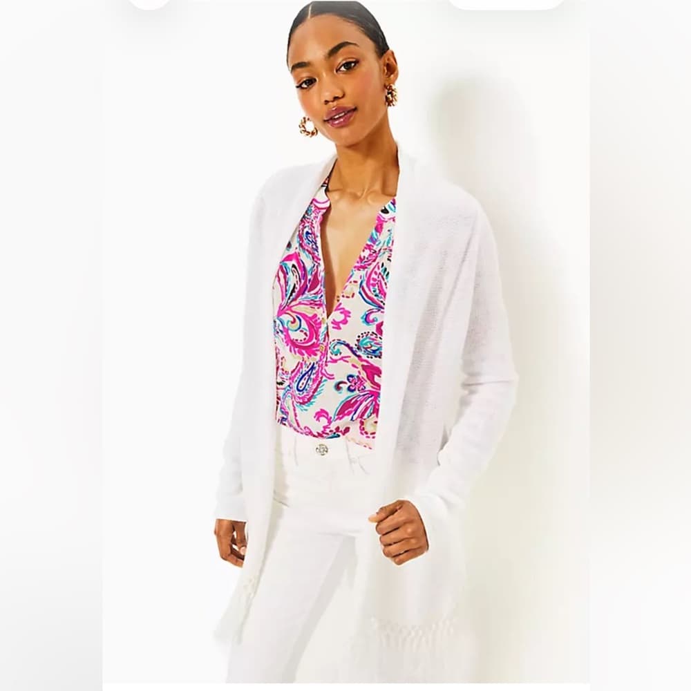 Lilly Pulitzer Tatum Cardigan Women's White Open-Front fringe nwt XL - Thumbnail 4