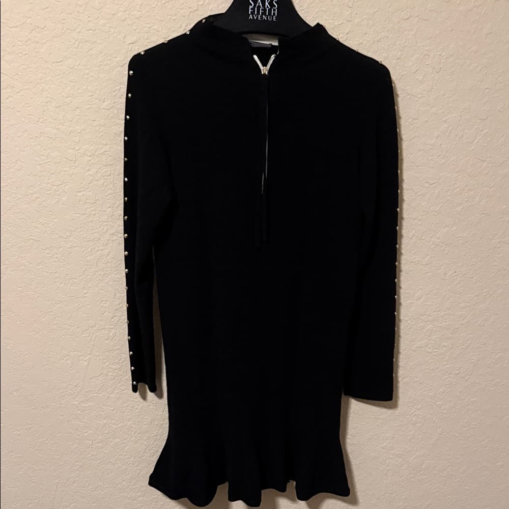 Twin-Set Black Long Sleeve Pearl-Trim Knit Dress - Thumbnail 3