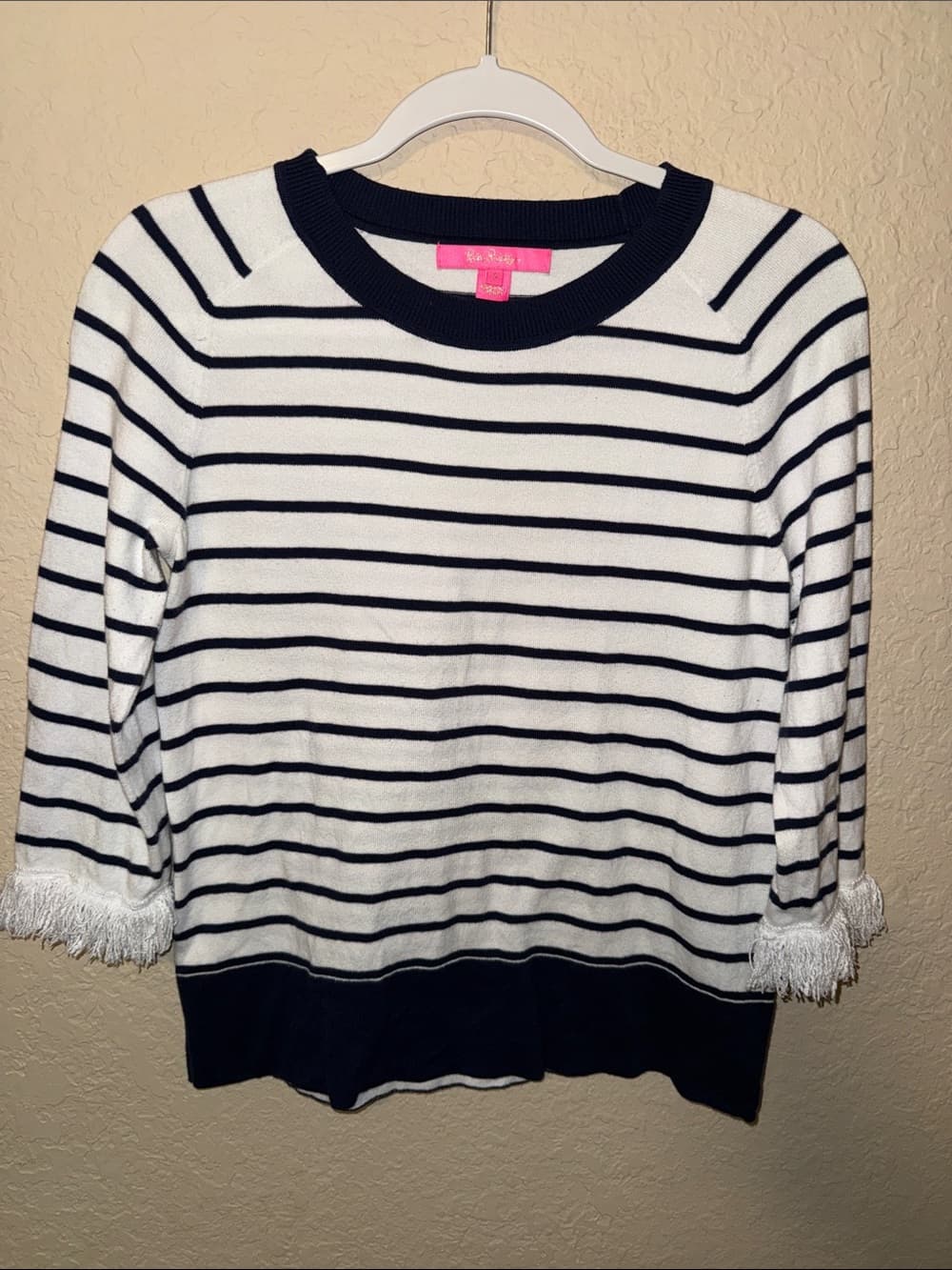 Lilly Pulitzer White & Navy Striped Crewneck Sweater with Fringe Sleeves small - Thumbnail 3