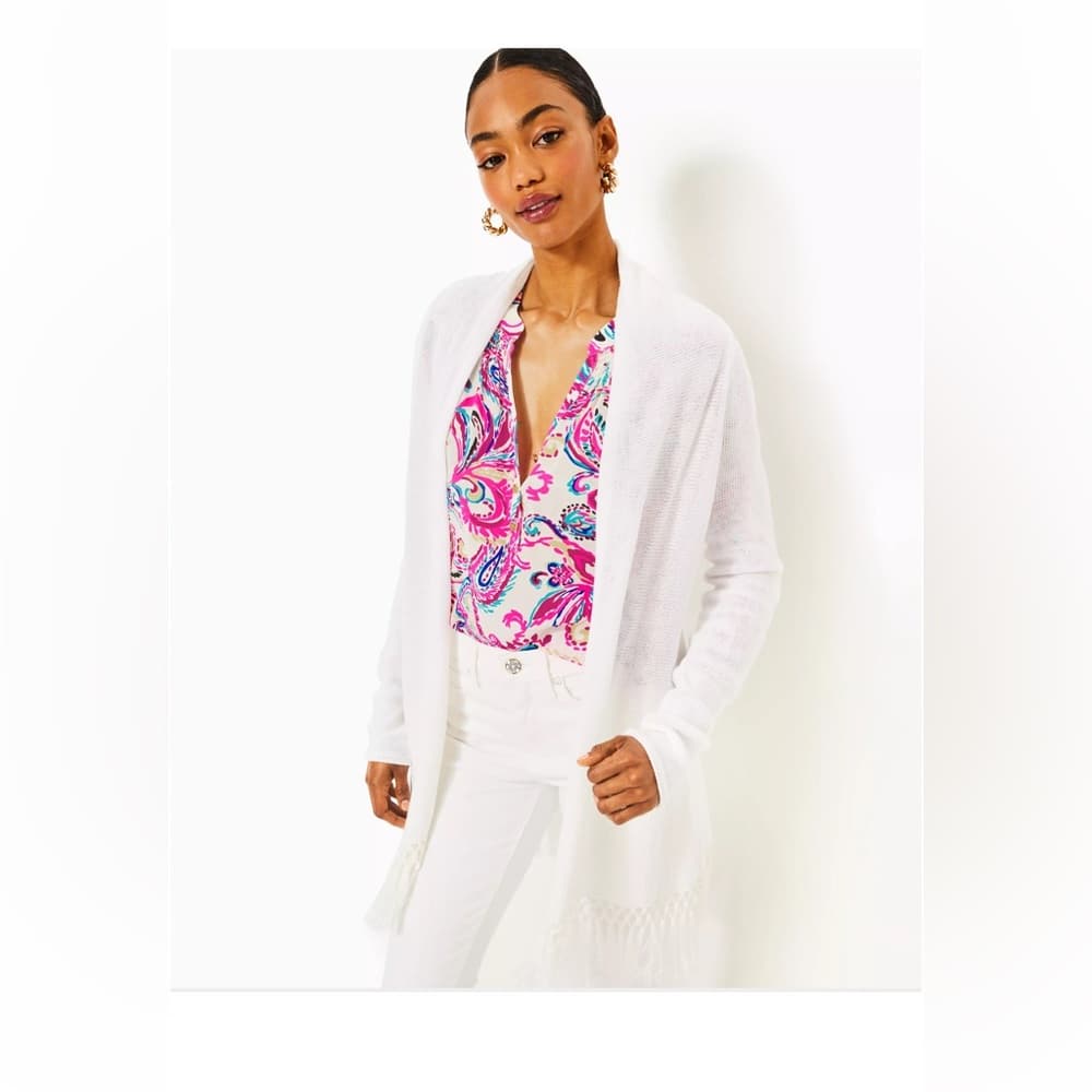 Lilly Pulitzer Tatum Cardigan Women's White Open-Front fringe nwt XL