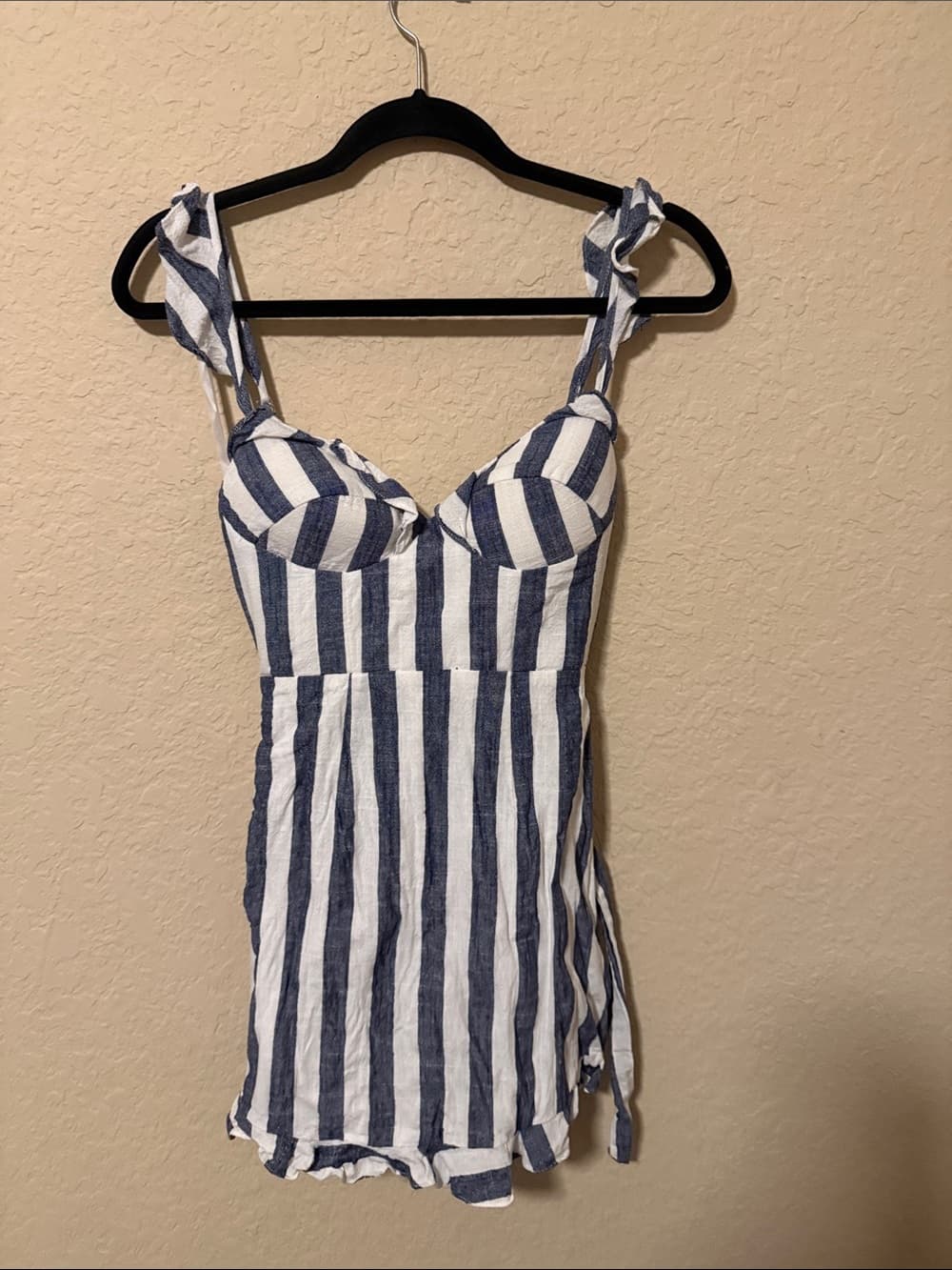 Selfie Leslie Navy and White Striped Tie-Waist Romper - Thumbnail 3