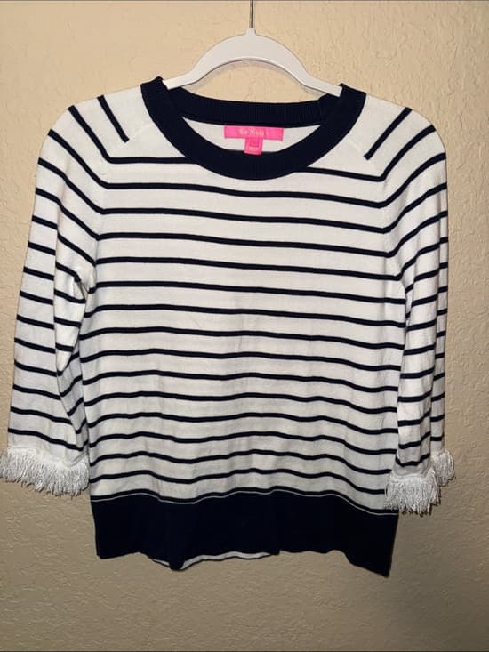 Lilly Pulitzer White & Navy Striped Crewneck Sweater with Fringe Sleeves small - Thumbnail 4
