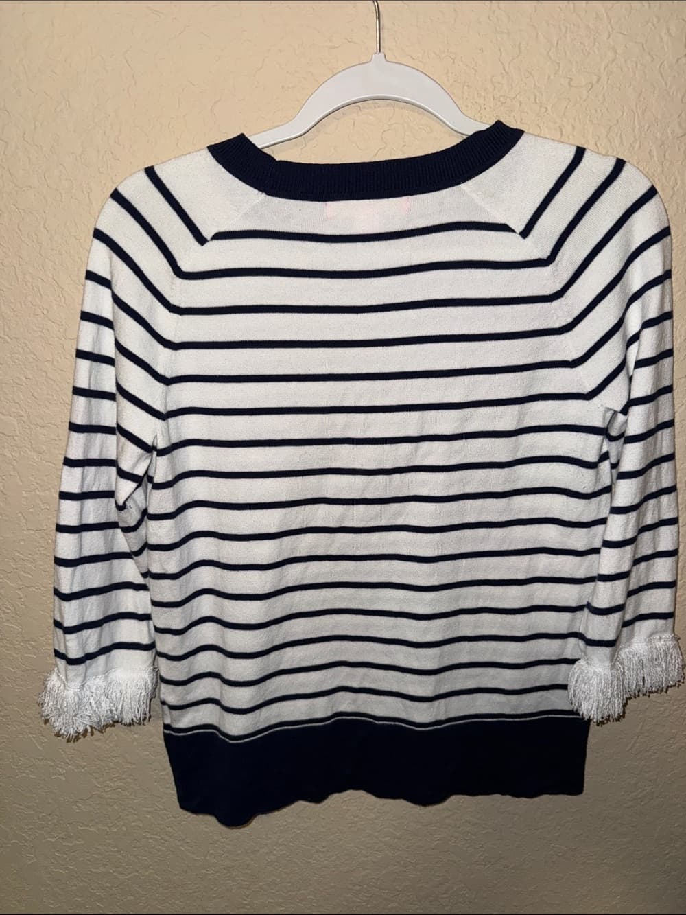 Lilly Pulitzer White & Navy Striped Crewneck Sweater with Fringe Sleeves small - Thumbnail 2