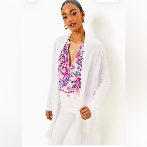 Lilly Pulitzer Tatum Cardigan Women's White Open-Front fringe nwt XL - Thumbnail 5
