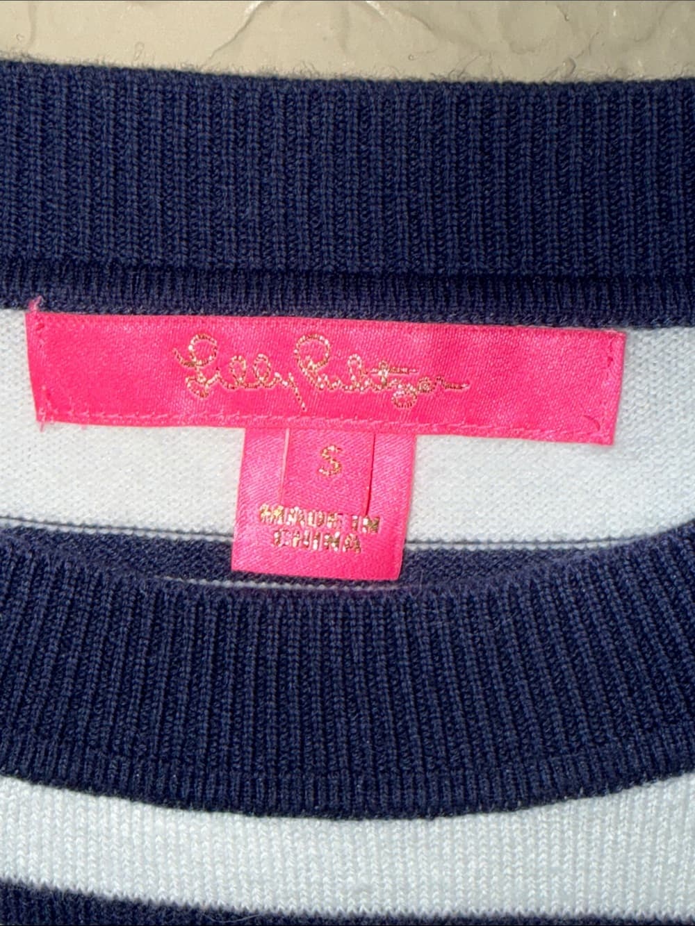 Lilly Pulitzer White & Navy Striped Crewneck Sweater with Fringe Sleeves small