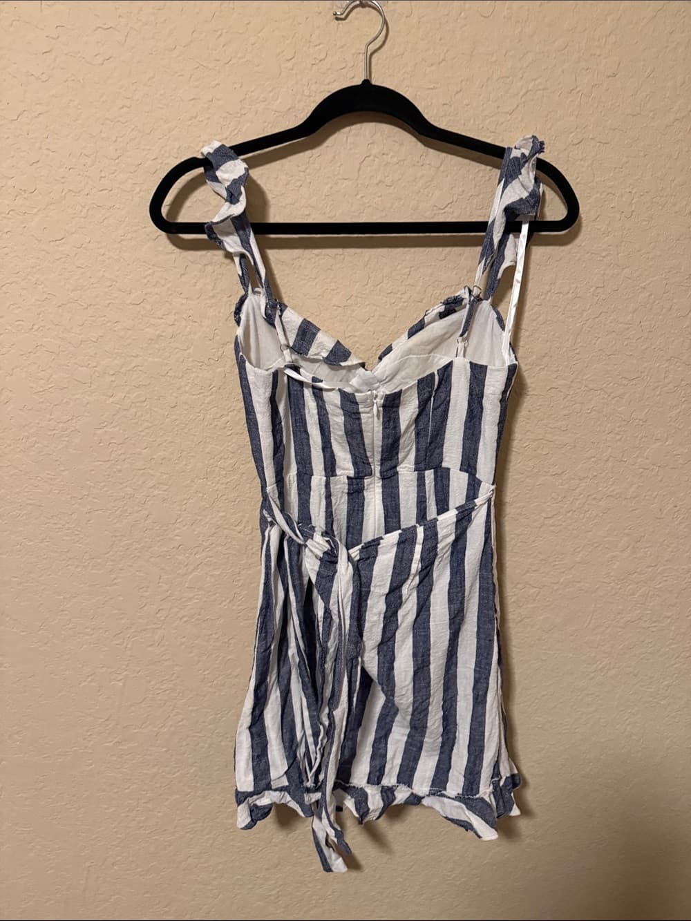 Selfie Leslie Navy and White Striped Tie-Waist Romper