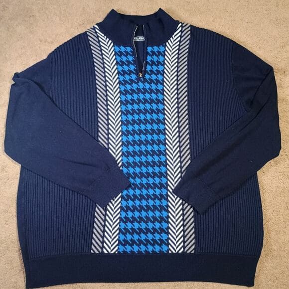 PJ PAUL JONES Mens 2XL Pullover Sweater with Quarter Zip Sharp Blue Pattern - Thumbnail 10
