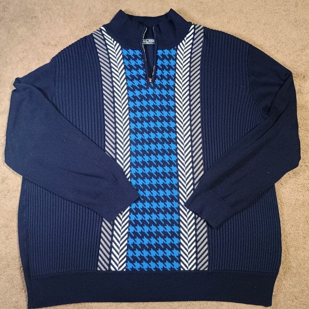 PJ PAUL JONES Mens 2XL Pullover Sweater with Quarter Zip Sharp Blue Pattern - Thumbnail 9