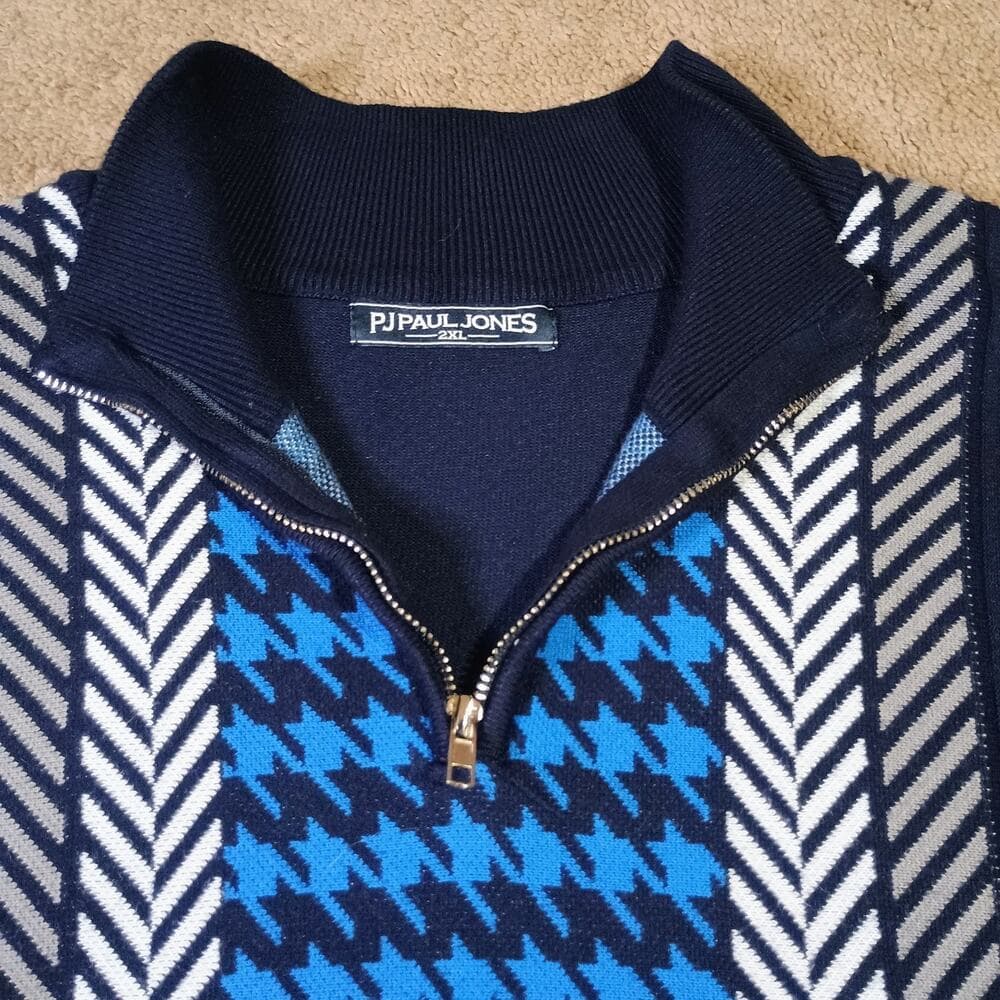PJ PAUL JONES Mens 2XL Pullover Sweater with Quarter Zip Sharp Blue Pattern