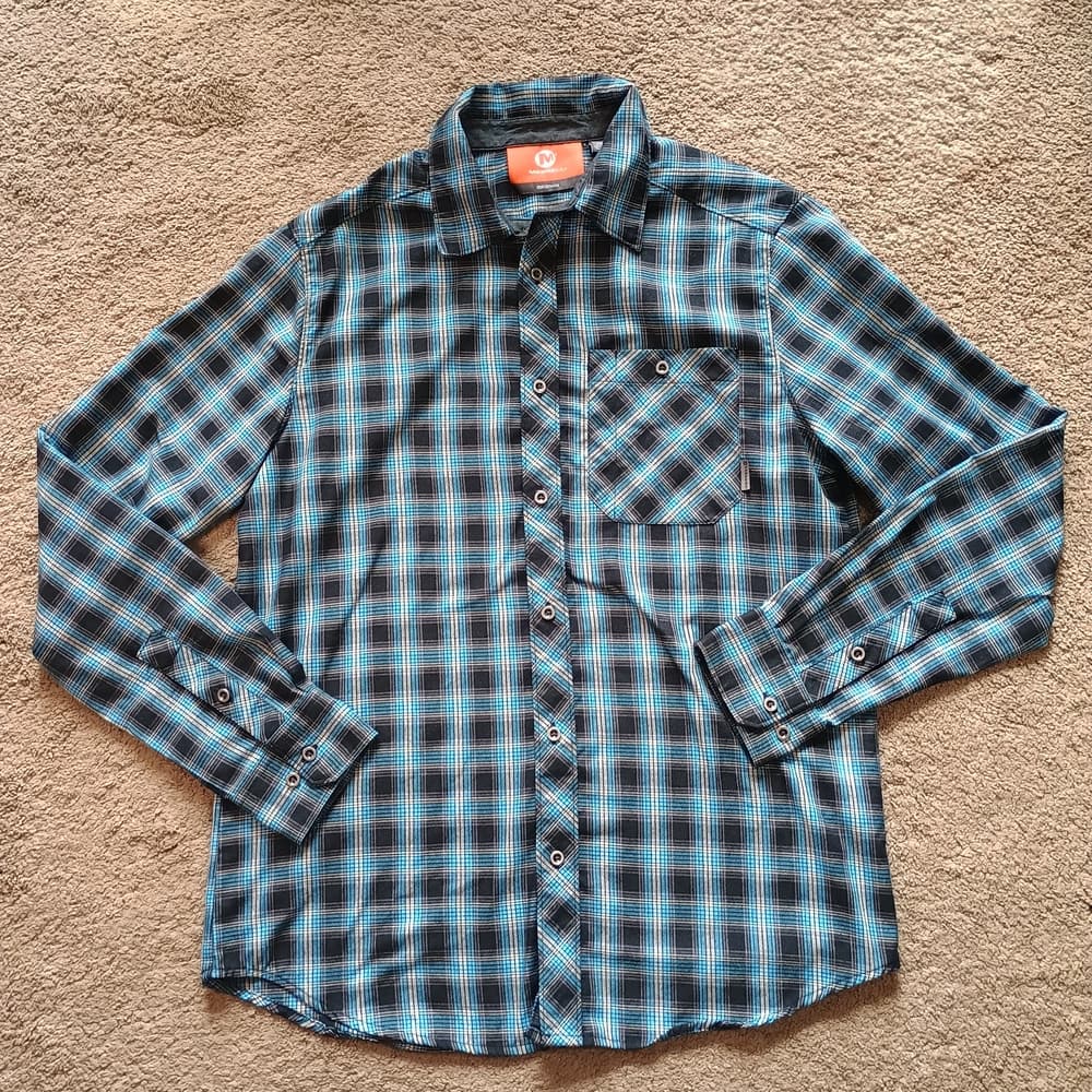 Merrell Plaid Flannel Shirt Medium Blue Long Sleeve Hiking Outdoor