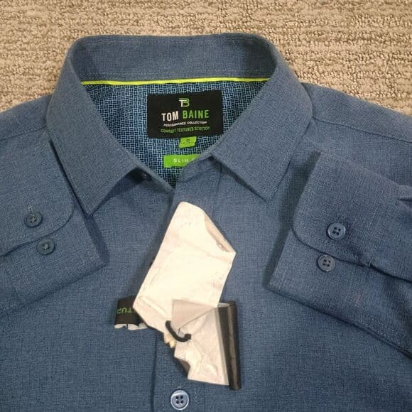 New Tom Baine Stretch Performance Shirt Mens 14 -141/2 Slim Fit Blue - Thumbnail 9