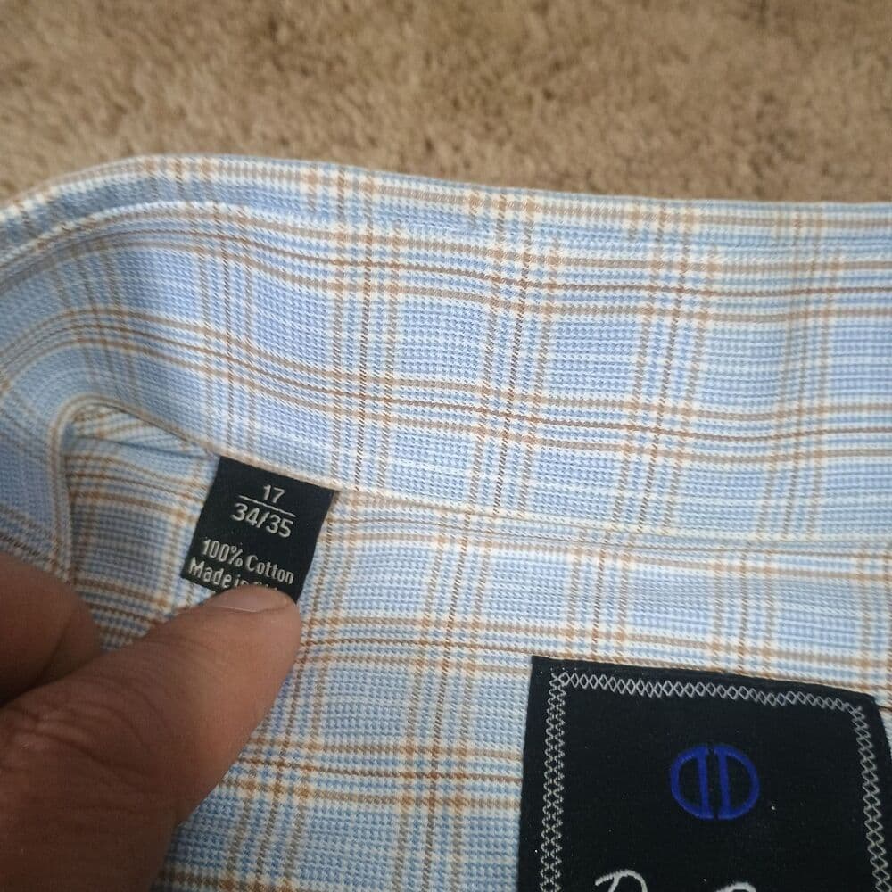 David Donahue Dress Shirt 17 34/35 100% Cotton Blue Window Check Buttonup Shirt