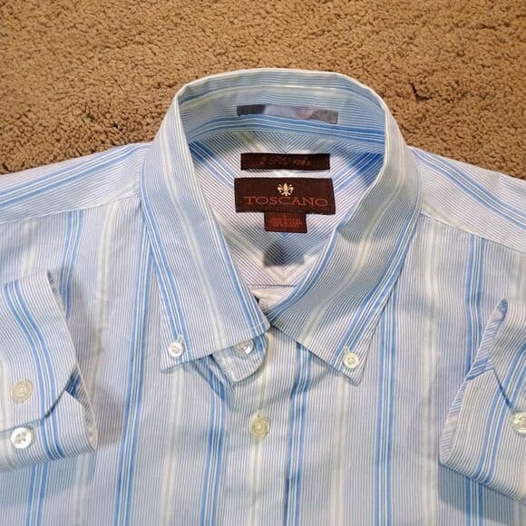 Toscano Mens Shirt Large 2 Ply's 120's Cotton Iron Free Blue Pin Striped Casual - Thumbnail 7