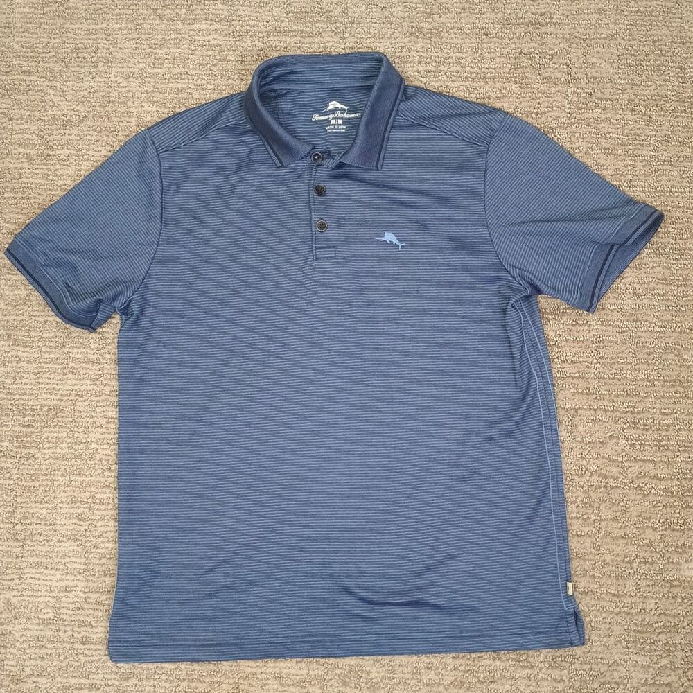 Tommy Bahama Festival Stripe Polo Shirt Mens Blue Large Short Sleeve Beach Golf