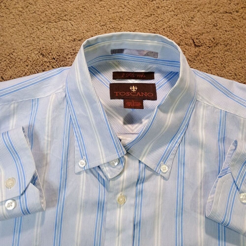 Toscano Mens Shirt Large 2 Ply's 120's Cotton Iron Free Blue Pin Striped Casual - Thumbnail 6