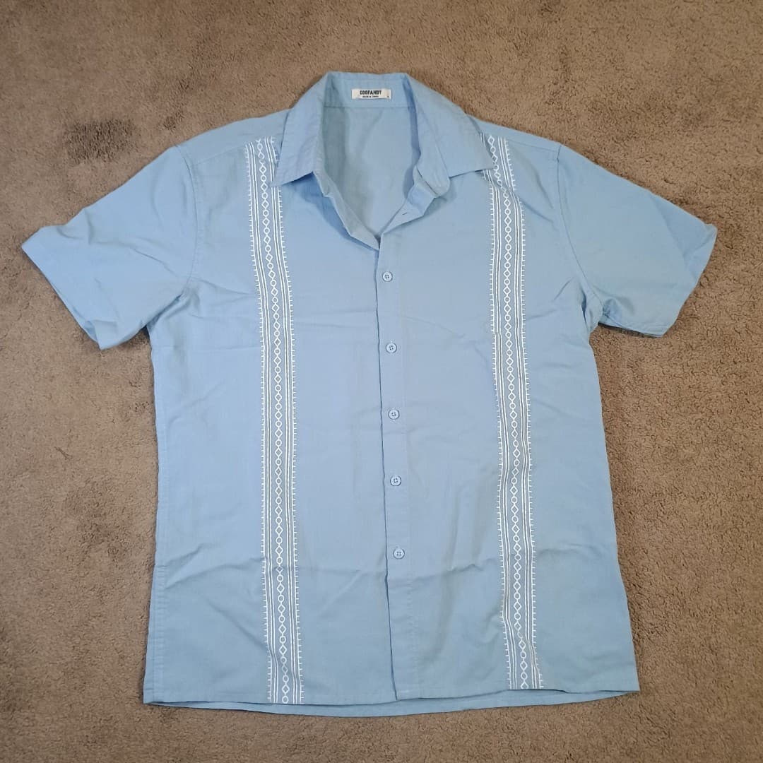 COOFANDY Short Sleeve Shirt Men Small Button Up - Baby Blue With Tribal Print