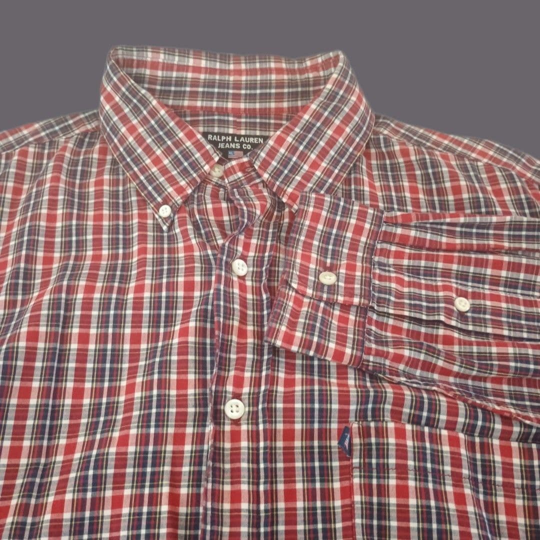 Ralph Lauren Jeans Co Mens Medium Plaid Button Down Shirt Red White Blue