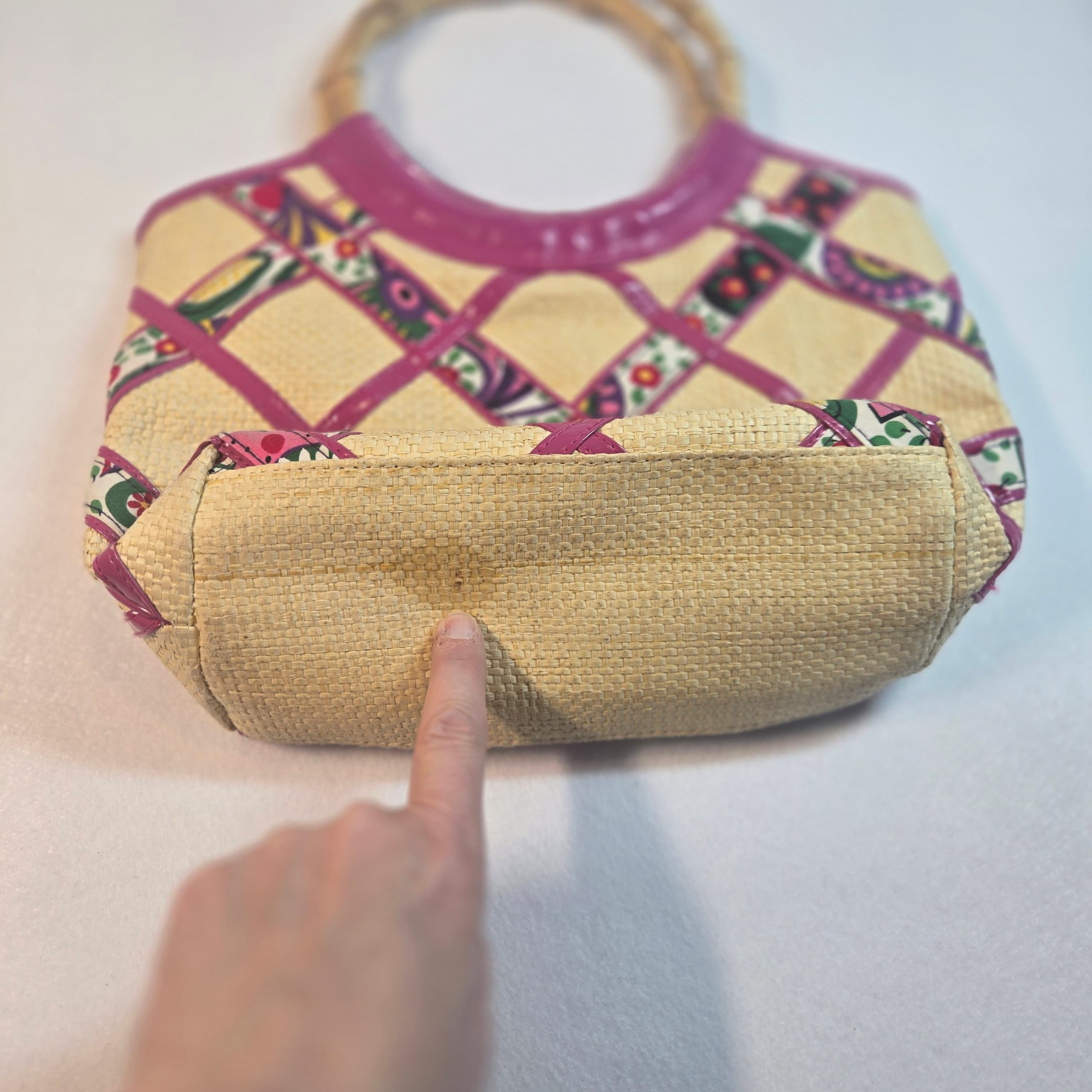Vintage 90s Pink Bamboo Handle Tote Bag with Floral Lining - Thumbnail 6