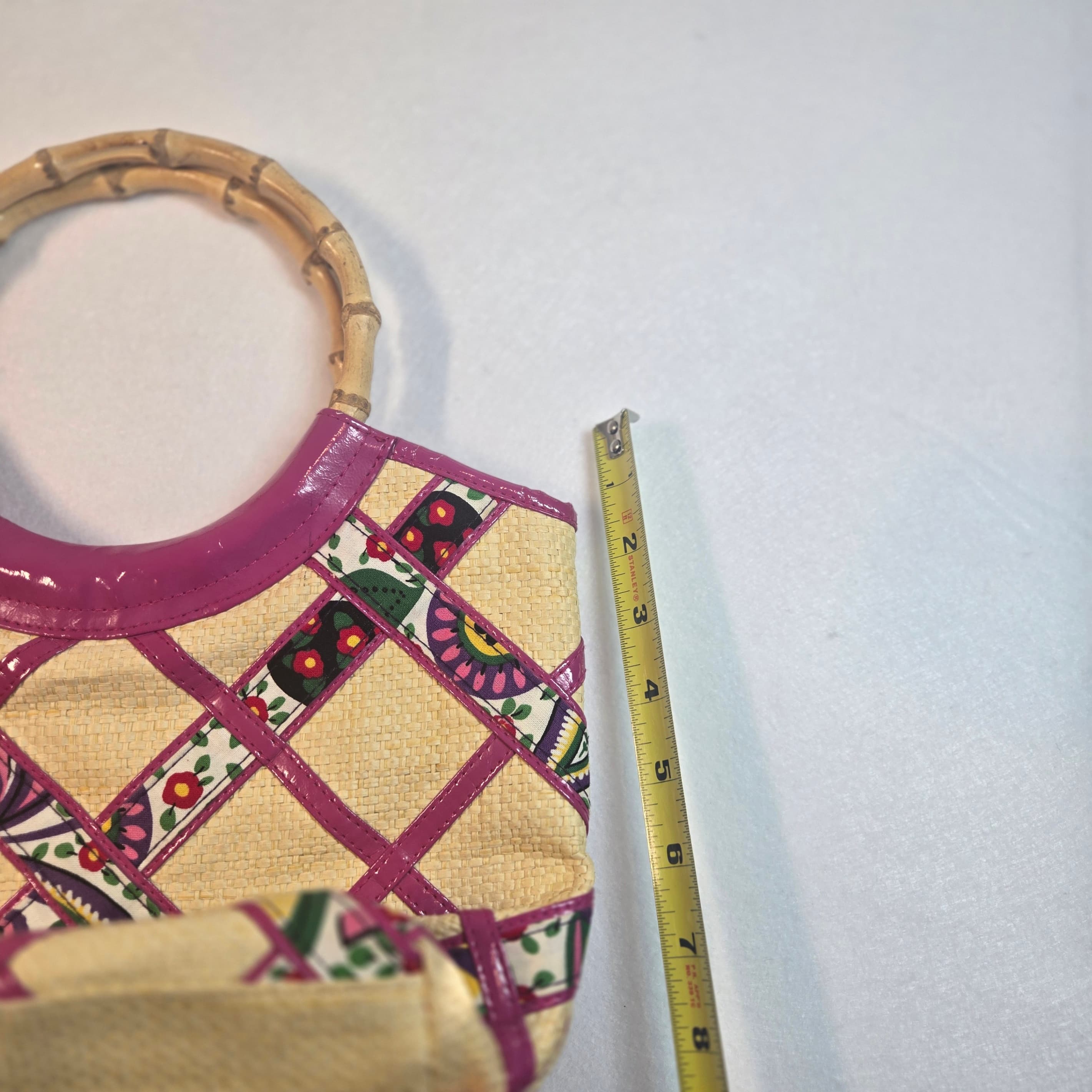 Vintage 90s Pink Bamboo Handle Tote Bag with Floral Lining - Thumbnail 4