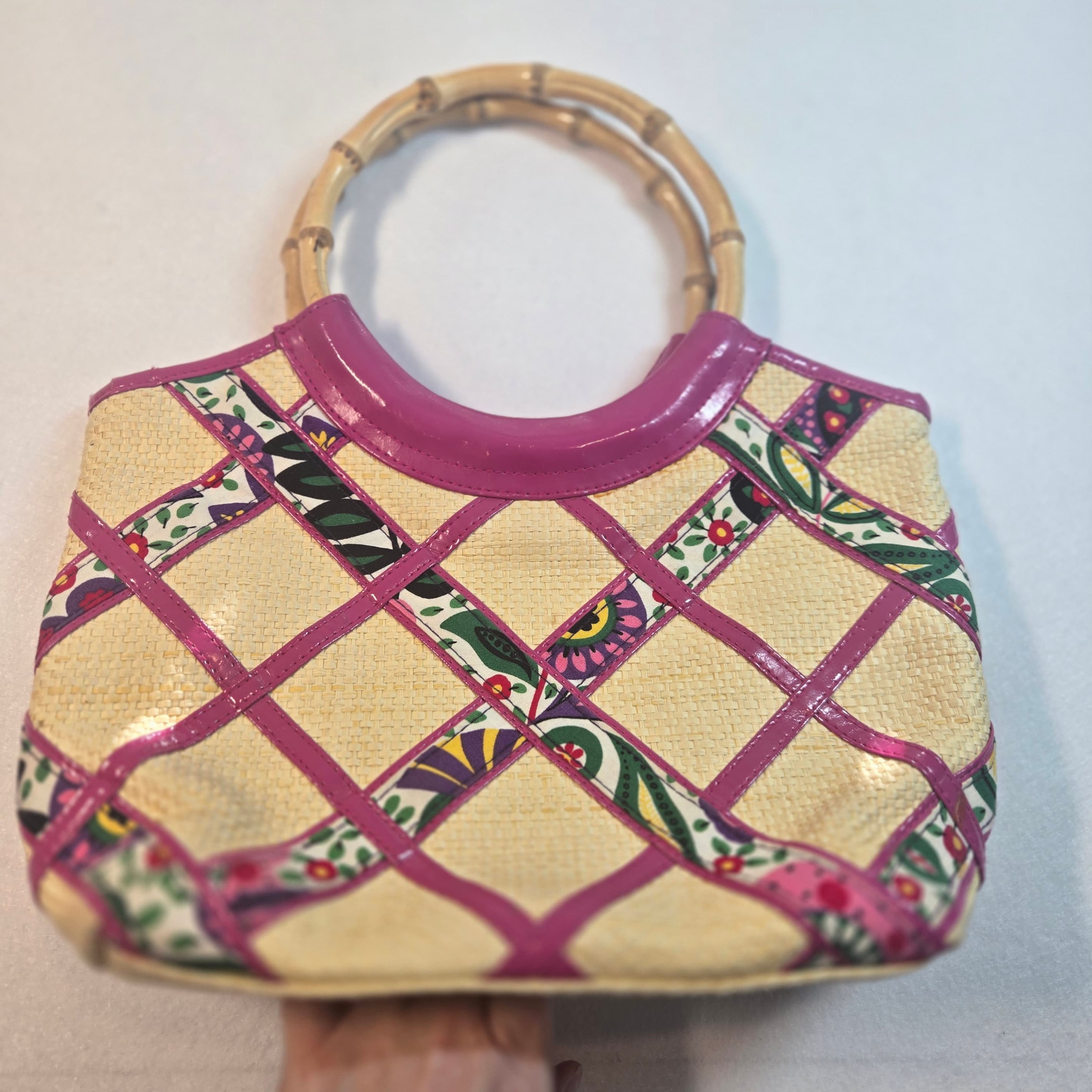 Vintage 90s Pink Bamboo Handle Tote Bag with Floral Lining