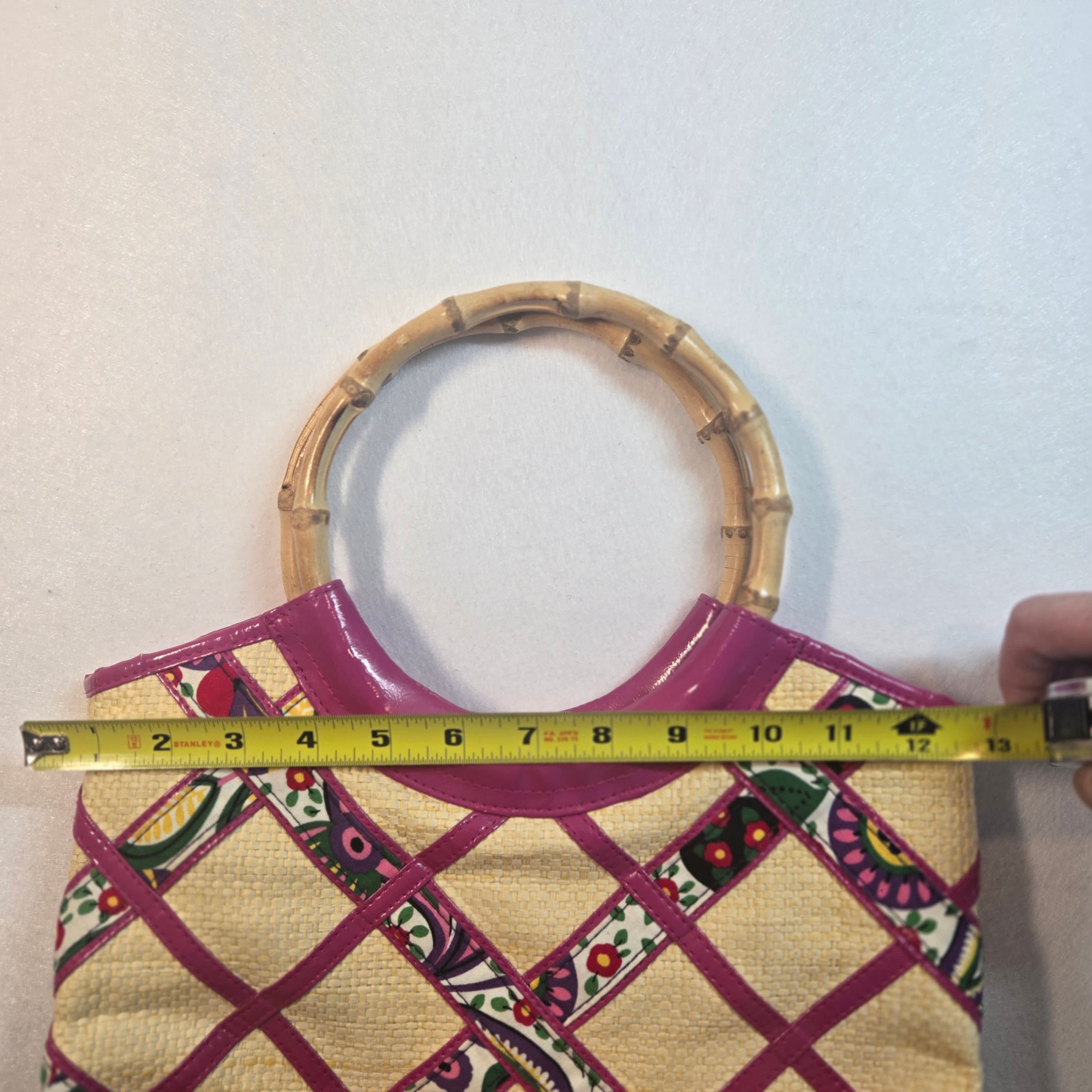Vintage 90s Pink Bamboo Handle Tote Bag with Floral Lining - Thumbnail 5