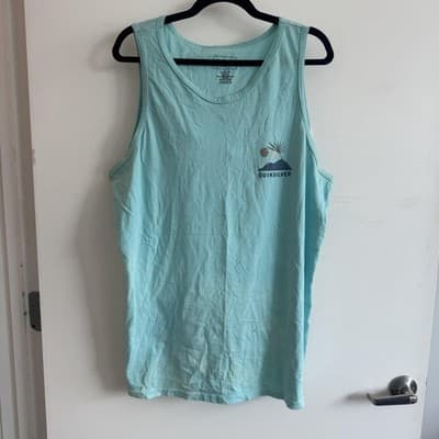 Quiksilver Tank Top Palm Tree Island Surf Graphic Cotton Light Blue Mens XL