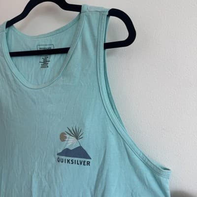 Quiksilver Tank Top Palm Tree Island Surf Graphic Cotton Light Blue Mens XL - Thumbnail 5