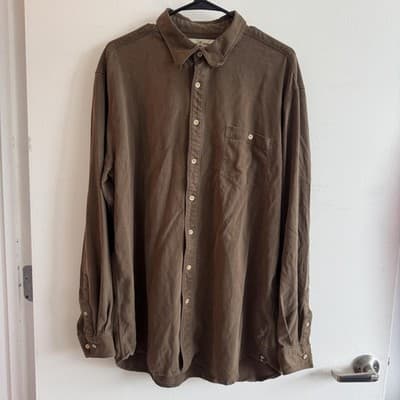 Tommy Bahama Herringbone Long Sleeve Button Up 100% Silk Shirt Brown Mens XLT