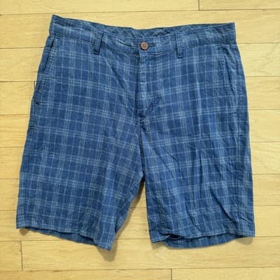 Tommy Bahama Chino Shorts Plaid Linen Cotton Casual Blue 10 Inseam Mens 33
