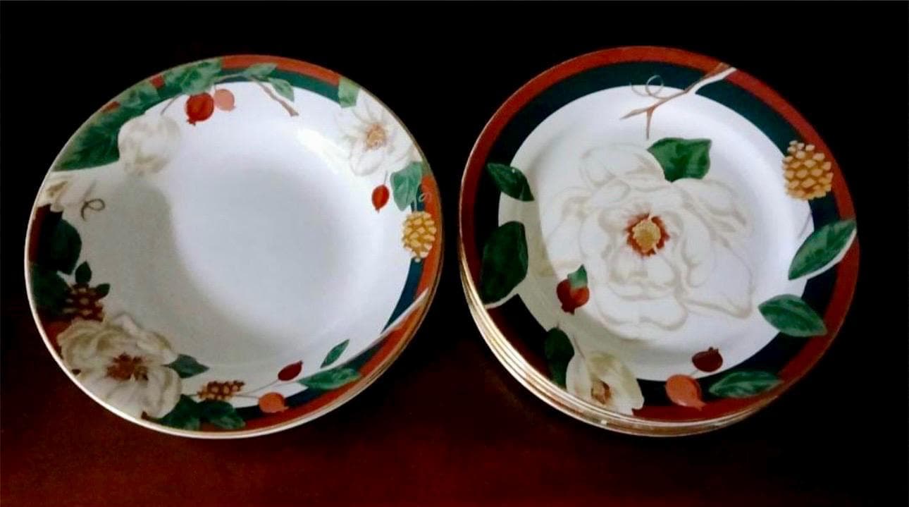 10 Piece~ “Magnolia” 4 Salad Plates & 4 Rim Soup Bowls by Tienshan Magnolia Collection~ 2 Teacups~ Vintage Circa 1996 - Thumbnail 2