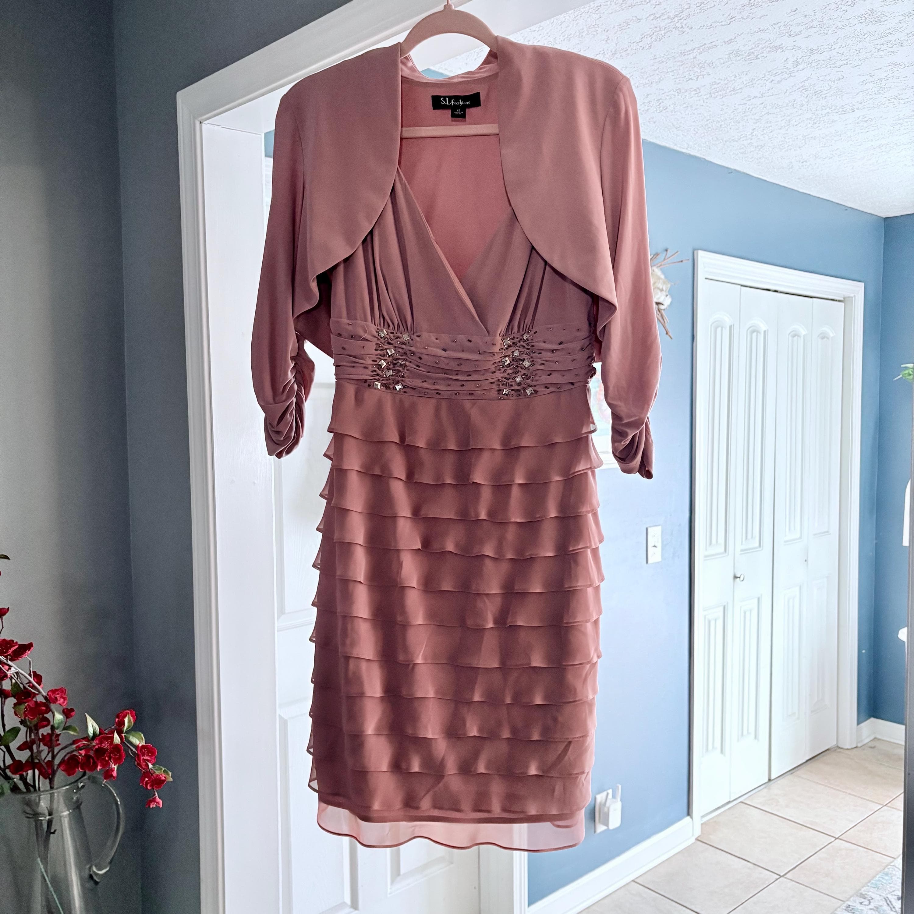 Vintage Cocktail Dress SLNY Mauve Rose Pink Tiered Ruffle Cocktail Dress & Bolero Jacket - Thumbnail 3