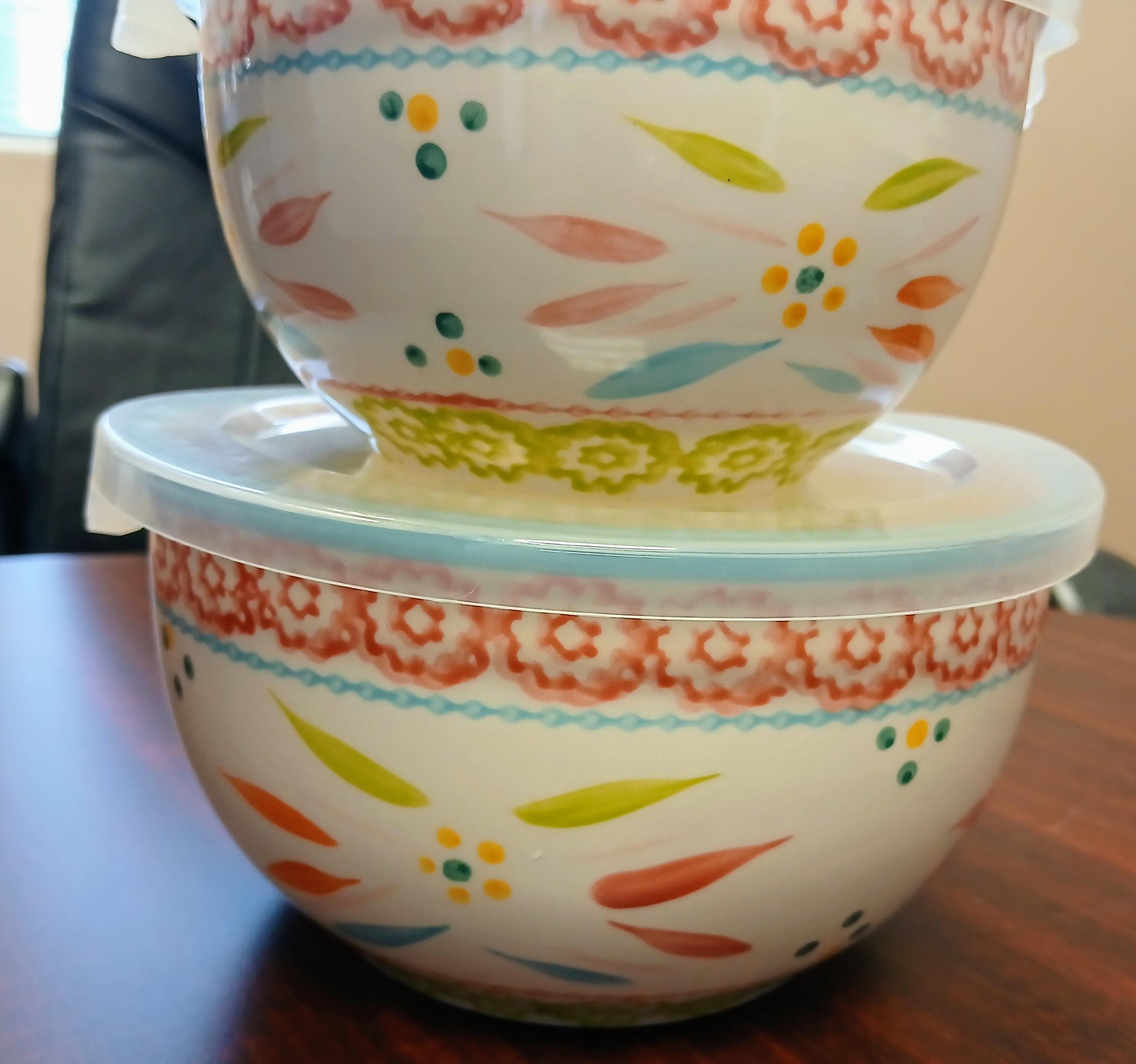 Springfetti Vintage Temp-tations Floral Mixing Bowls- Set of 2 Large Bowls Matching Lids for Storage~ Nesting Serving Bowls- Oven-to-Table - Thumbnail 4