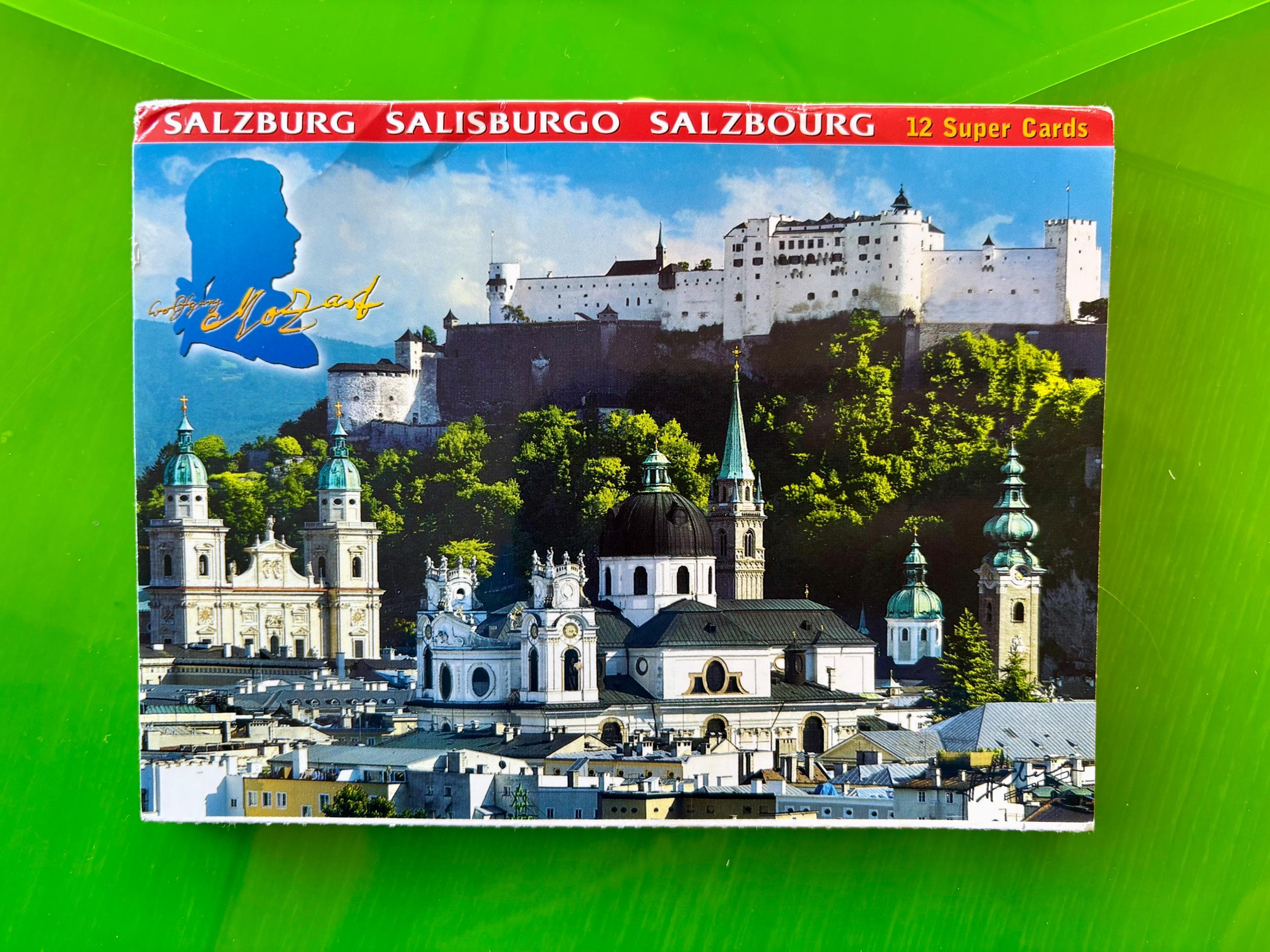 Vintage box of 12 "Super Cards" postcards featuring a panoramic view of Salzburg, Austria. Breathtaking Images! Glossy; Mint Condition - Thumbnail 2