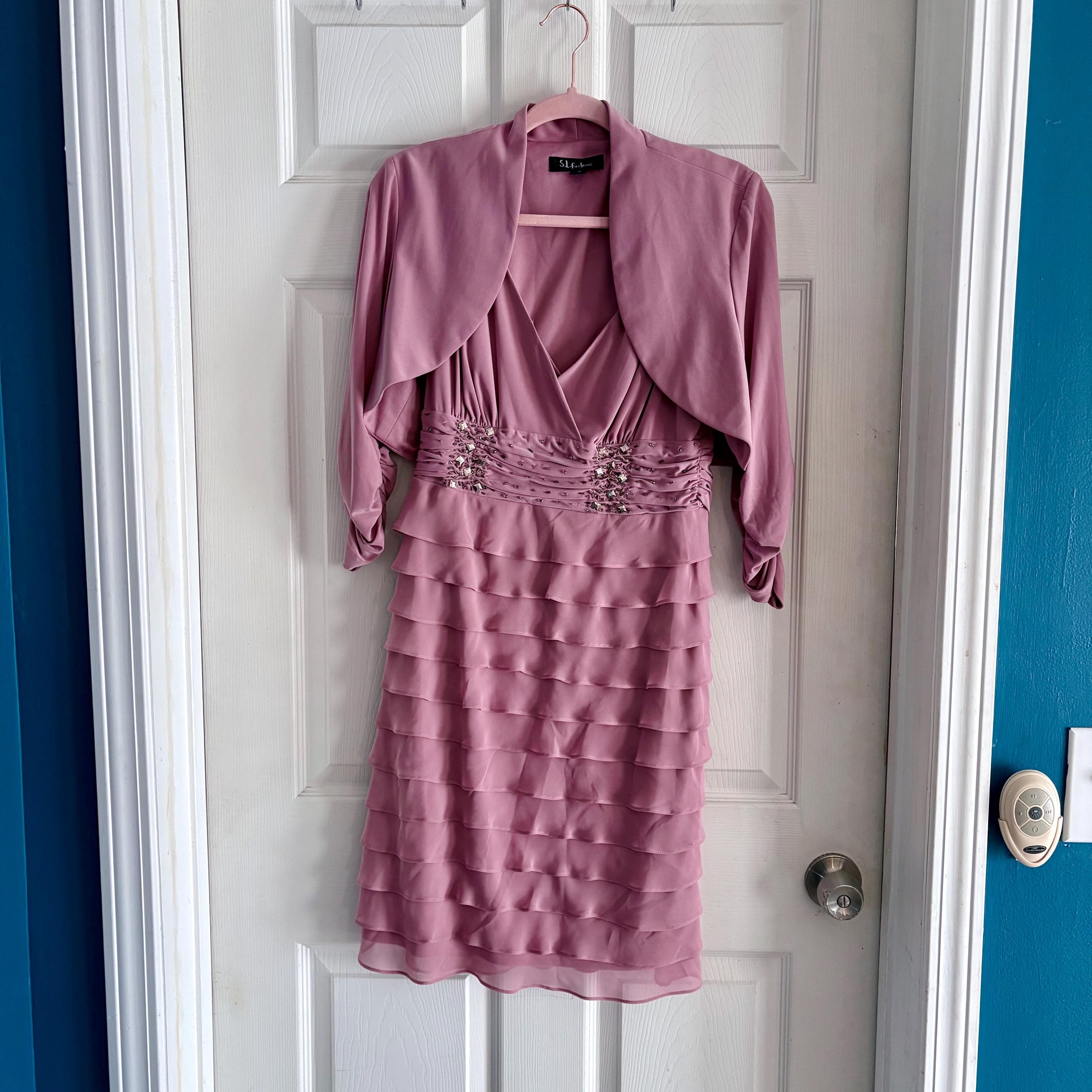 Vintage Cocktail Dress SLNY Mauve Rose Pink Tiered Ruffle Cocktail Dress & Bolero Jacket - Thumbnail 5
